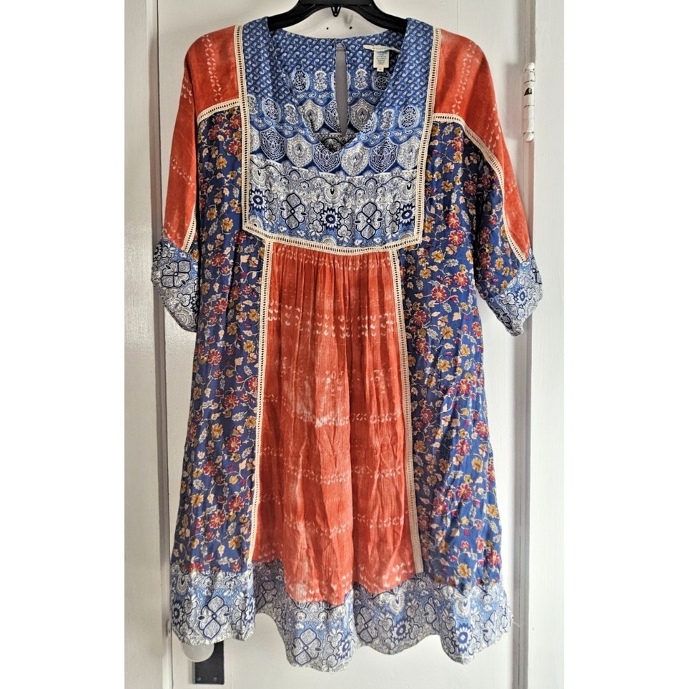 sundance boho patchwork floral paisley crochet trim elbow sleeve dress  womans M
